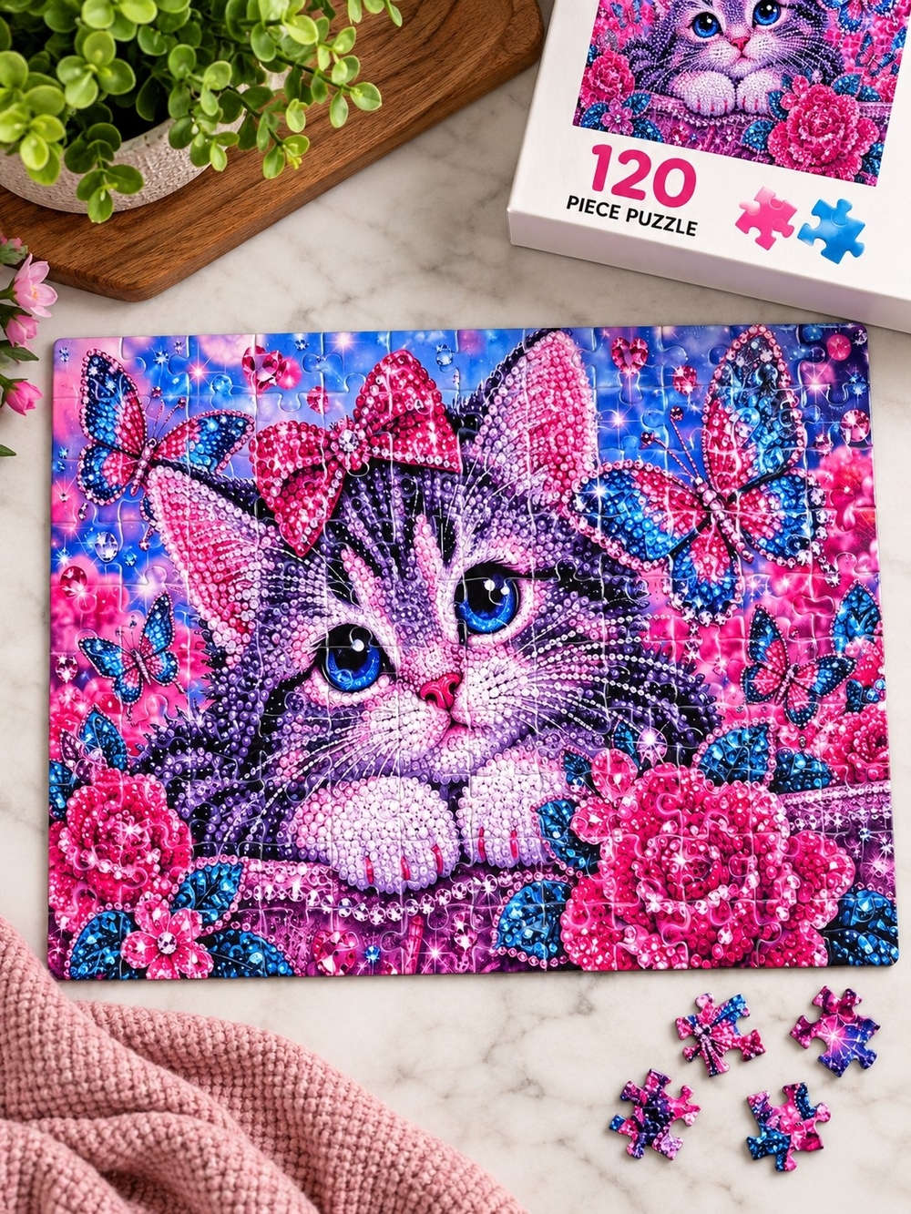Handcrafted Diamond Art Designed Cat Butterfly 120-Piece Puzzle - NWT
